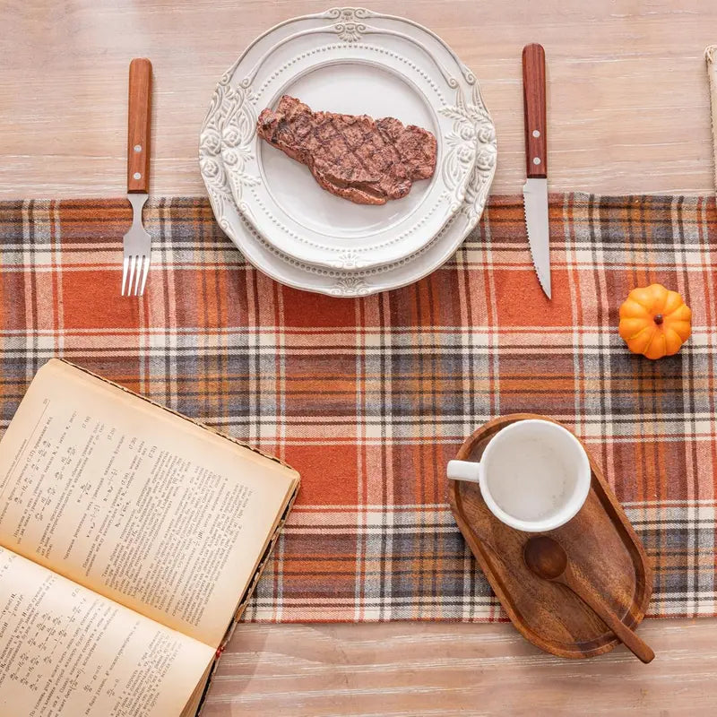 Autumn & Winter Vintage Orange-Red Plaid Table Runner for Dining & Banquet Tables