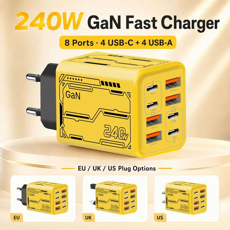 8-in-1 240W Multi-Port USB-C Power Charger Station with Fast PD Charging