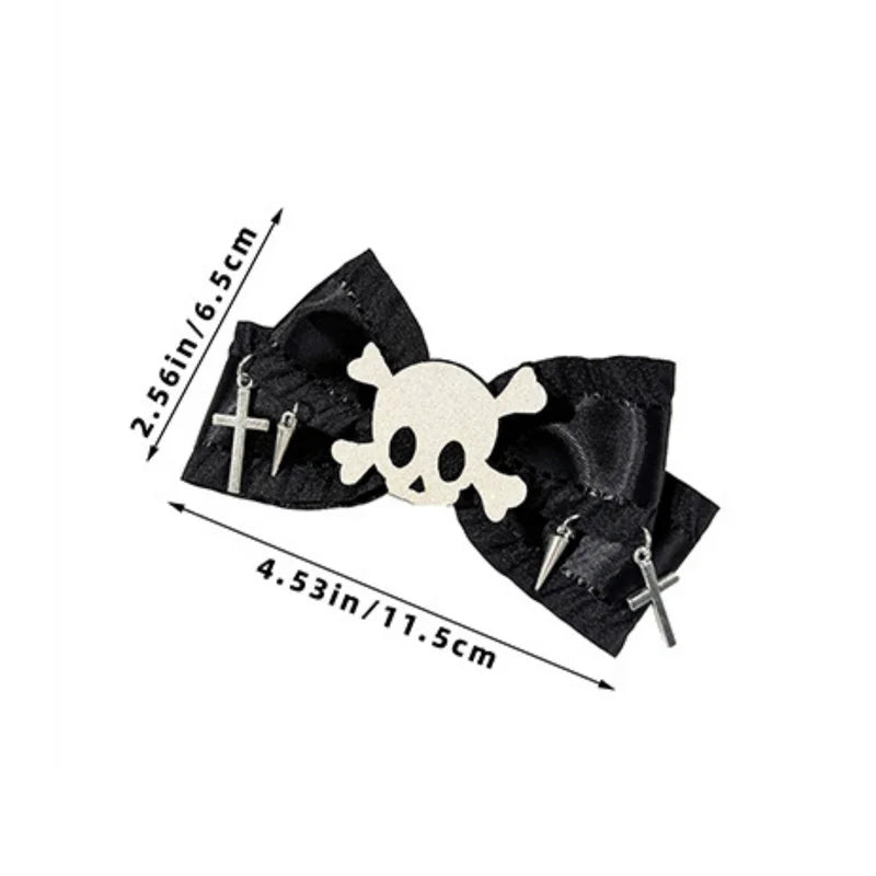 Halloween Gothic Hair Clips Set - Skull & Cross Design, Black Bow Accessories