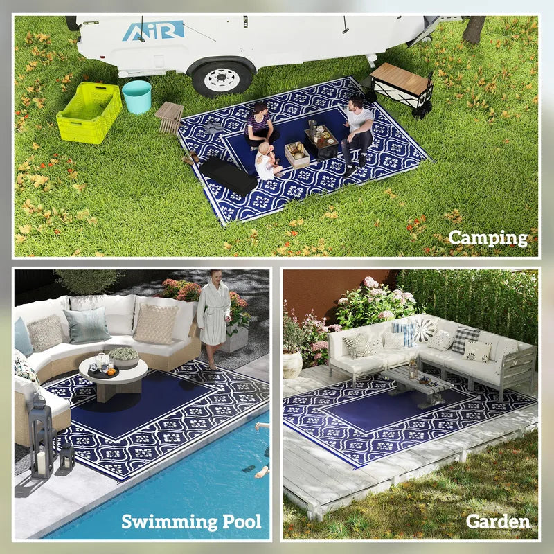 Outdoor Rug 9x12 ft Blue White Gourd Border Reversible Patio Mat