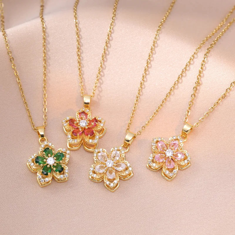 Romantic Zircon Flower Pendant Necklace for Women - Gold Plated Choker Jewelry