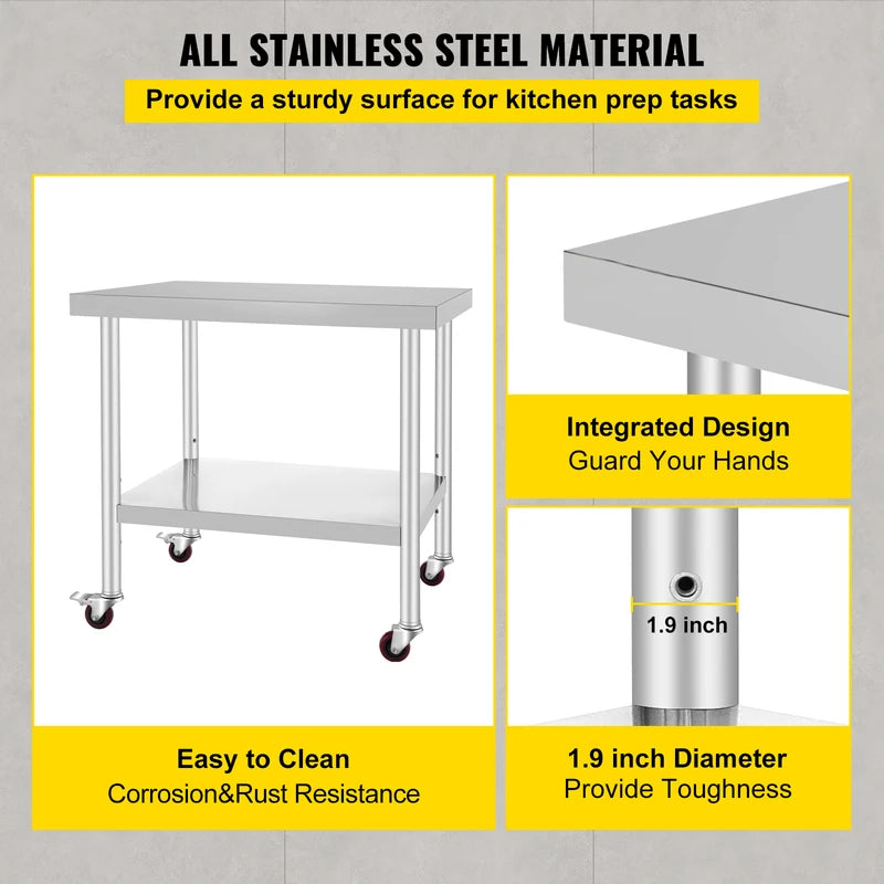 Stainless Steel Kitchen Prep Table with Casters & Backsplash, Load Capacity 100-300KG