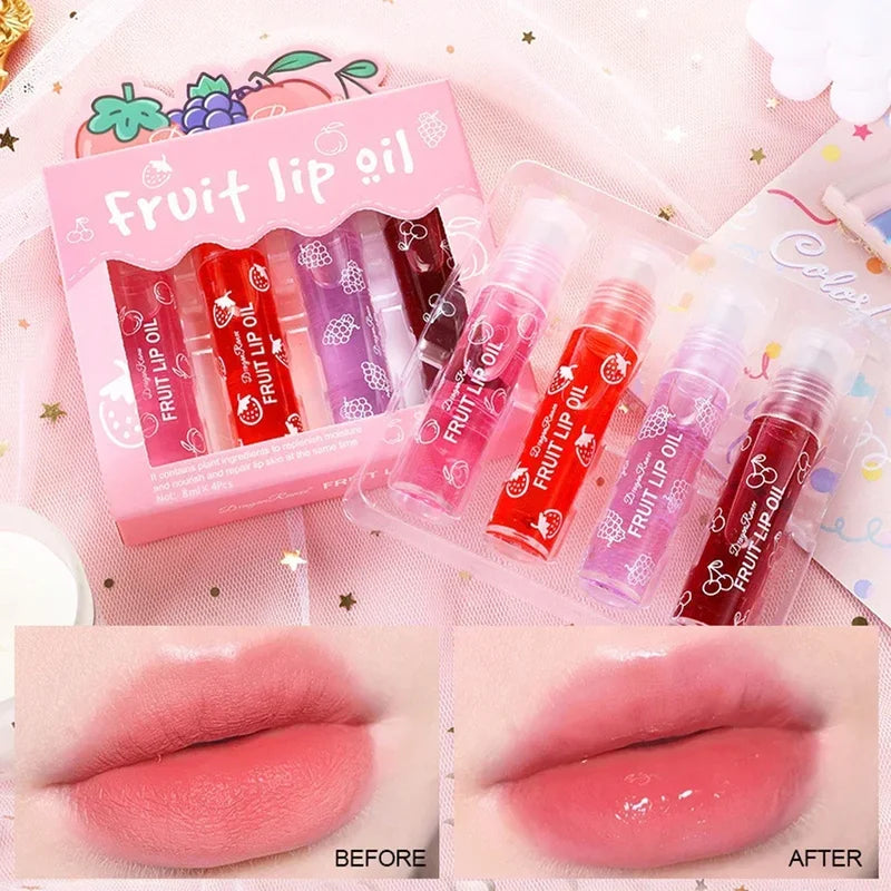 Fruit Lip Oil Set with 4 Tubes - Hydrating & Shiny Lip Moisturizer for Teen Girls