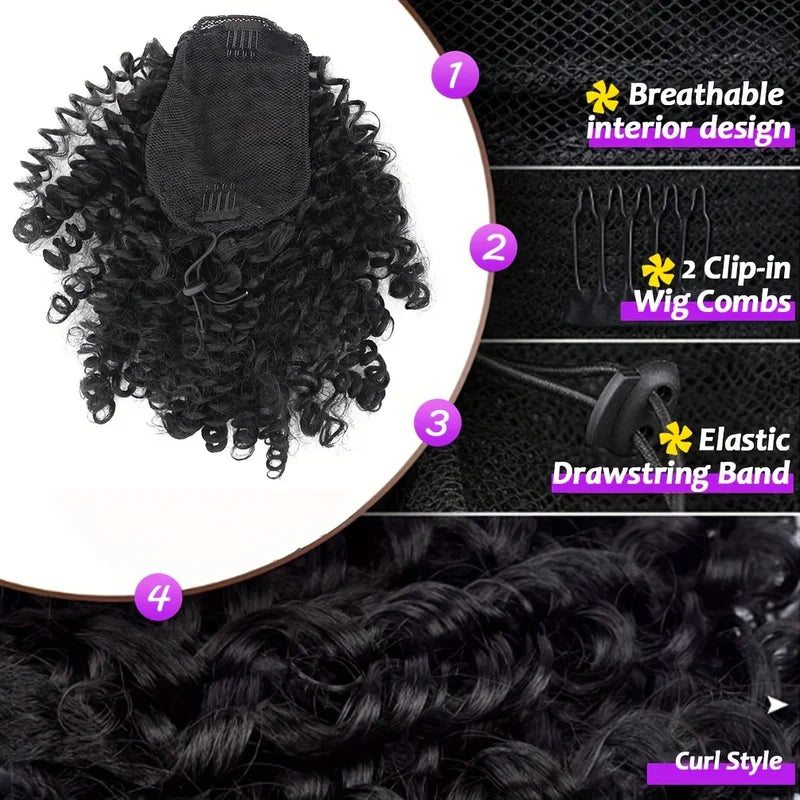 Synthetic Ponytail Hair Extension 14 Inch Afro Puff Curly Drawstring Hairpiece for Women