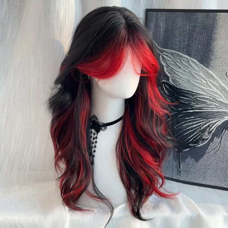 Long Wavy Synthetic Wig for Women - Black Ombre Red Layered Cosplay & Party Hair