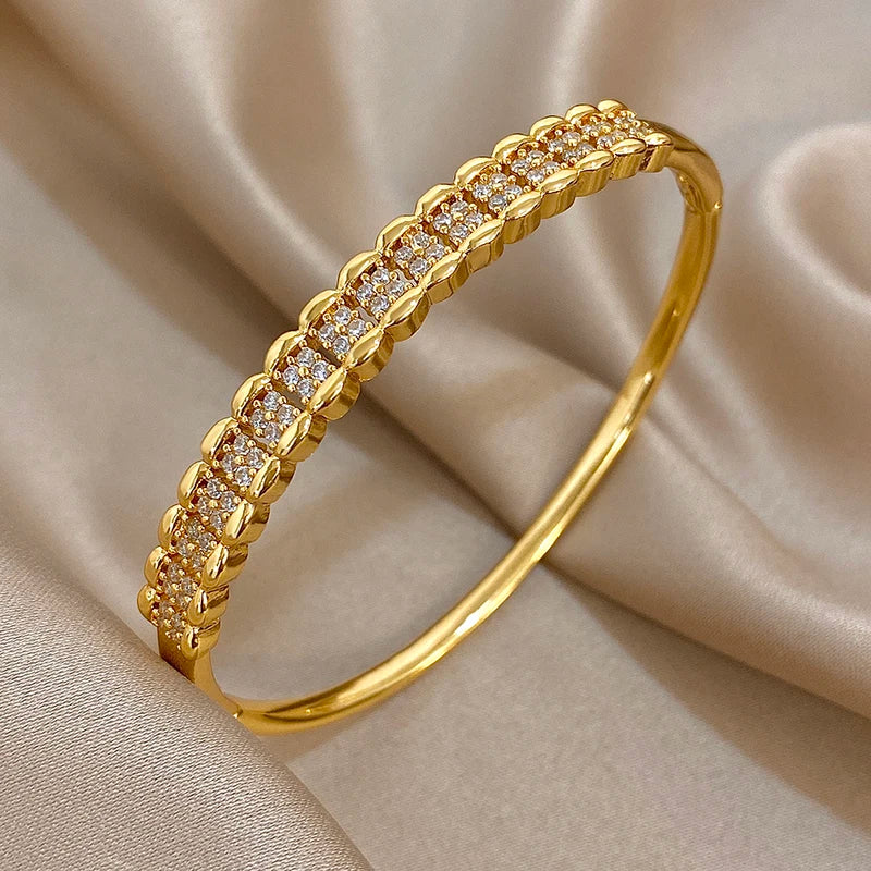 Multilayer Zircon Cuff Bracelet for Women Gold Plated Copper Jewelry