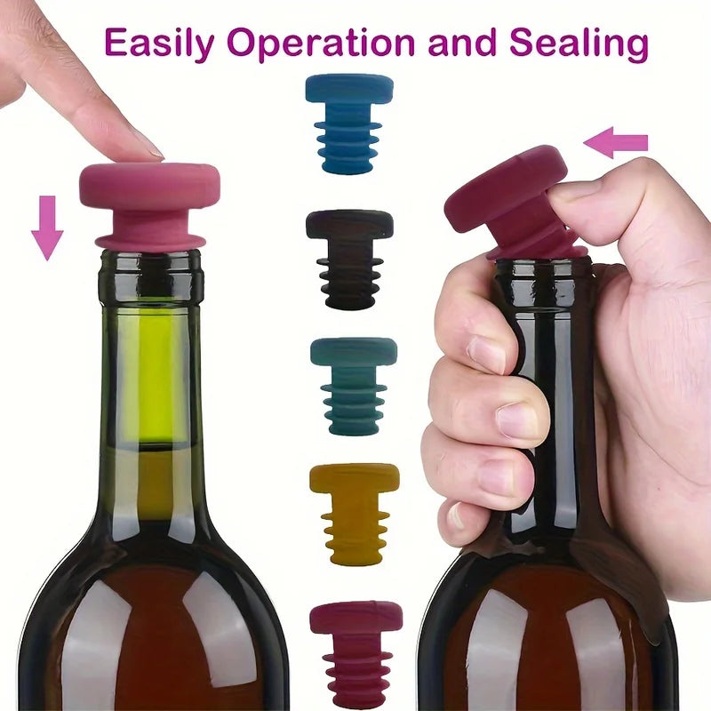 Silicone Wine Bottle Stopper Set - Reusable Threaded Seals in Multiple Colors (5 Pieces)
