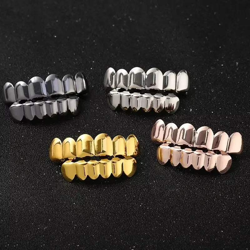 Gold Silver Plated Hip Hop Teeth Grillz Set with Silicone Fit - Men Women