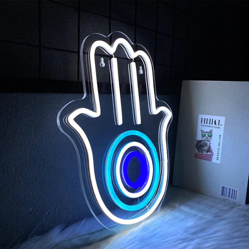 Hamsa Hand Evil Eye Neon Wall Light USB LED Sign for Bedroom Living Room Decor