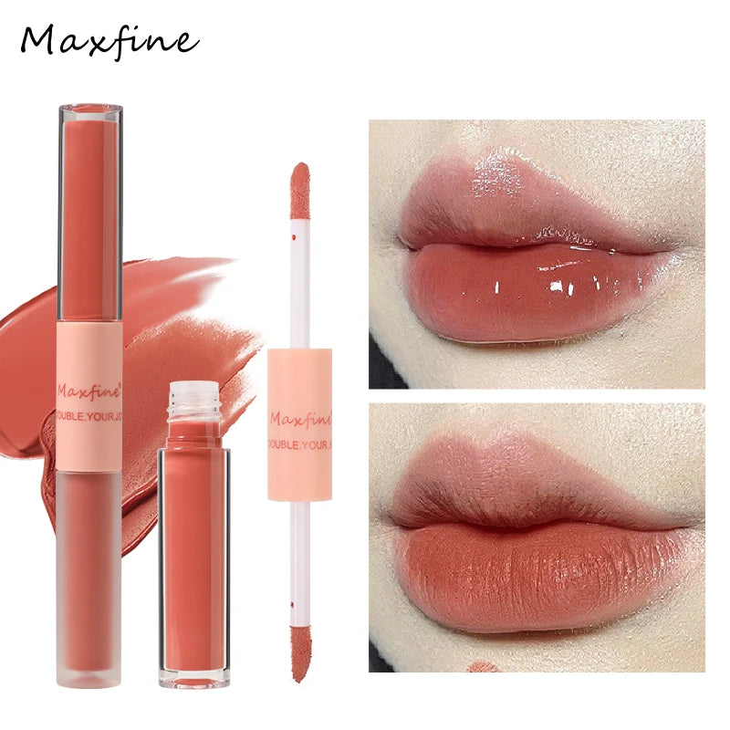 Double End Lip Gloss with Mirror & Velvet Matte Finish - Long Lasting Moisturizing Lip Makeup