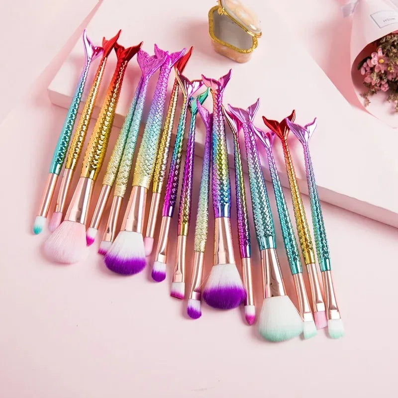 Four-Piece Mermaid Makeup Brush Set - Soft Synthetic Hair, Colorful Handles