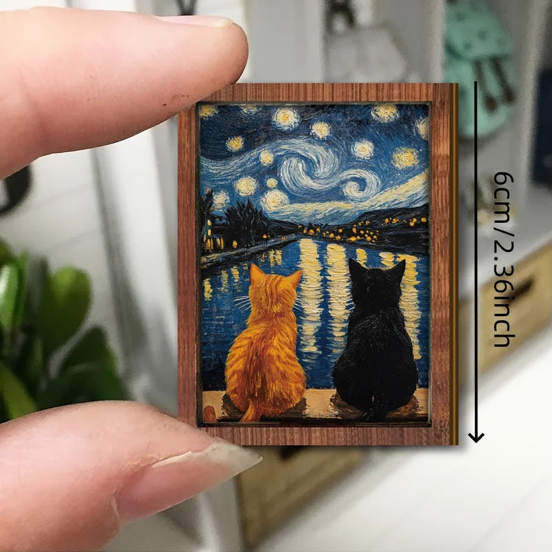 Starry Night Cats Mini Art Print with Wooden Frame - Wall Decor for Tiny Spaces
