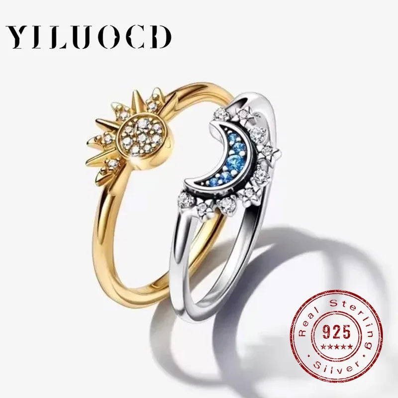 Celestial Sun and Moon Couple Ring Set with Cubic Zirconia - Silver Jewelry for Valentines