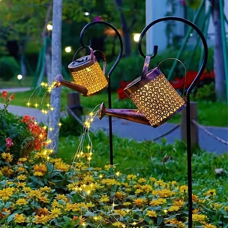 Solar Watering Can Light with Hanging Shepherd Hook Waterproof Garden Decor