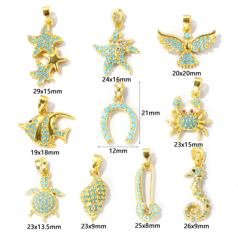 2pcs Micro Pave Blue Cubic Zirconia Charms Horseshoe Fish Animal Pendant Jewelry
