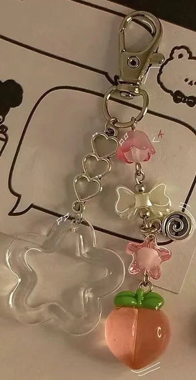Y2K Handmade Fruit Keychain Set - Strawberry & Peach Fairytale Charm for Girls