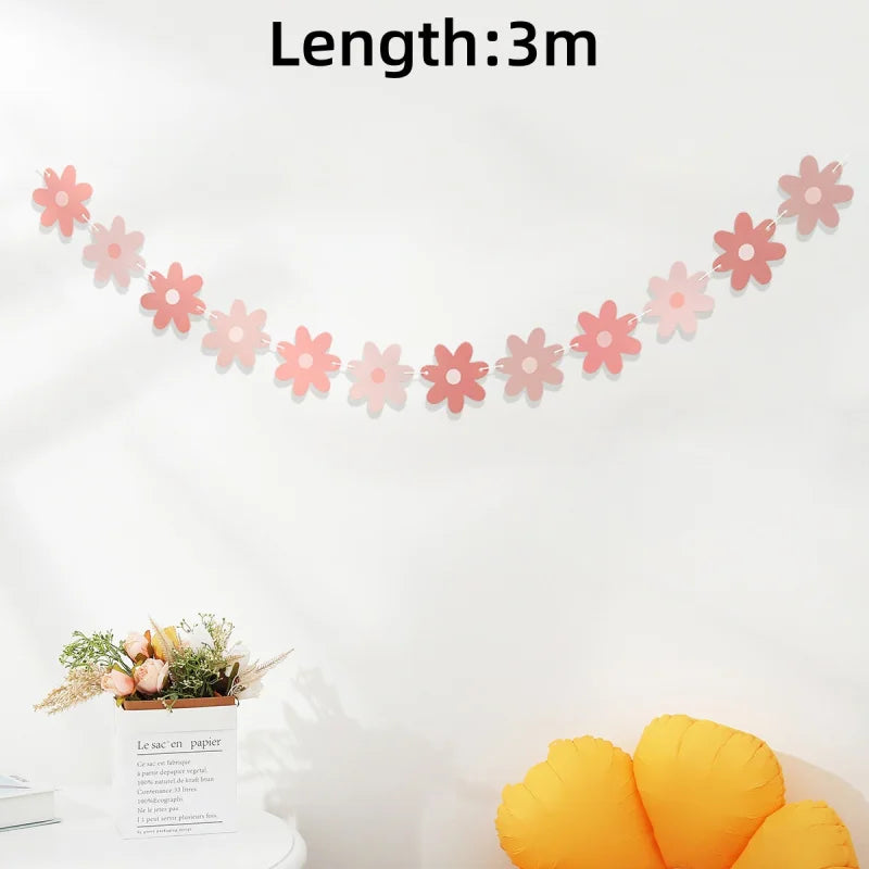 Pink Daisy Party Decor Garland Banners - Spring Boho Flower Cutouts & Flags