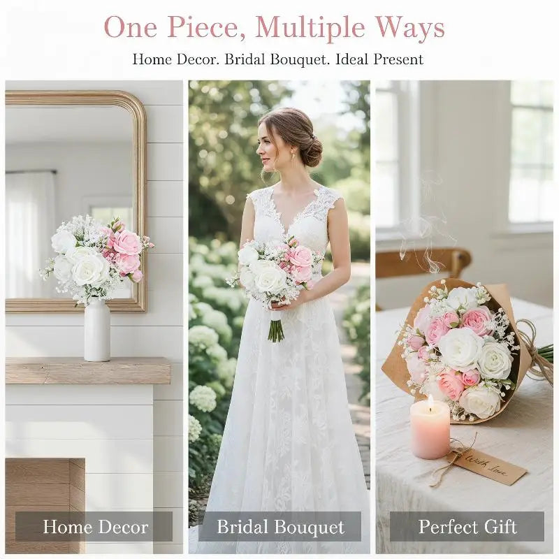 Artificial Rose & Baby Breath Bouquet Wedding Decoration - Romantic Fake Flower Set