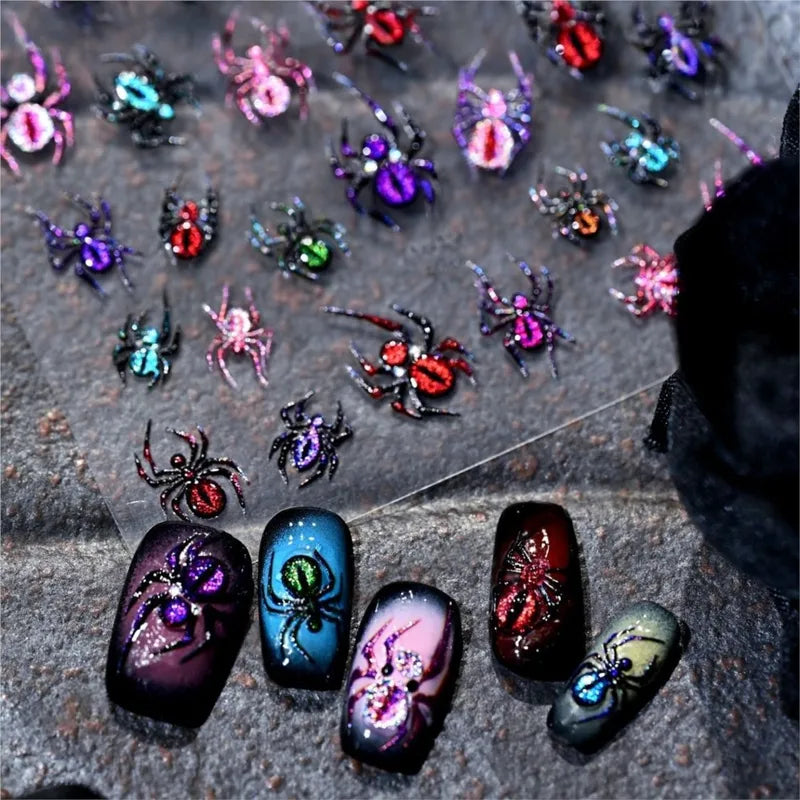 Colorful Holographic Cat Eye Spider Nail Art Stickers Halloween Decor - 1pc