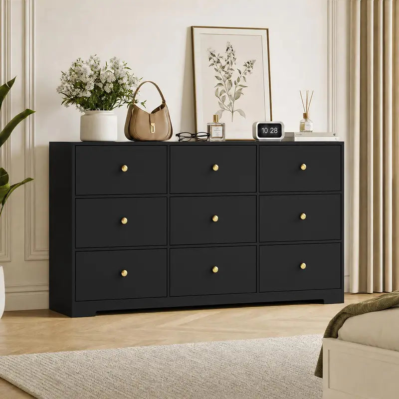 Modern 9-Drawer Dresser with Gold Handles, 57-Inch Wide Storage Chest