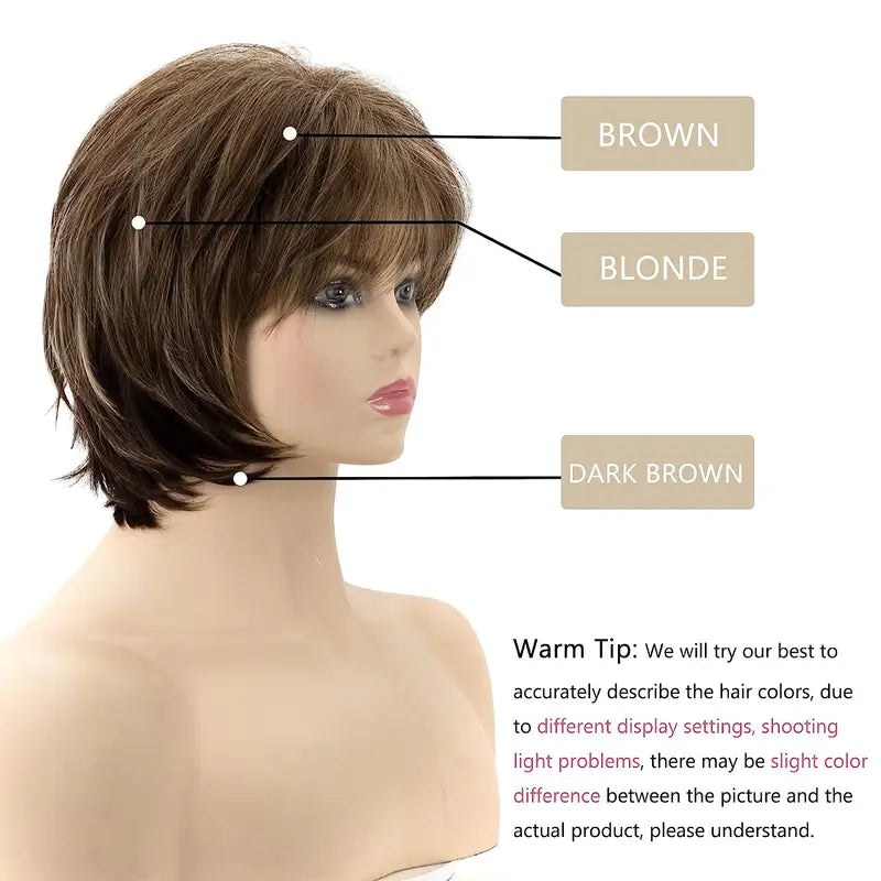 Brown Short Layered Pixie Wig for White Women Blonde Highlights Synthetic Hair