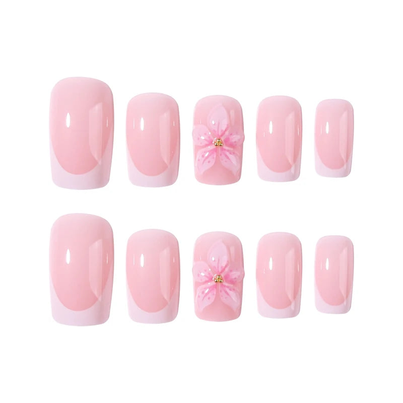 24PCS Short Square 3D Gel Flower French Pressing Nails Set - Easy to Wear & Remove