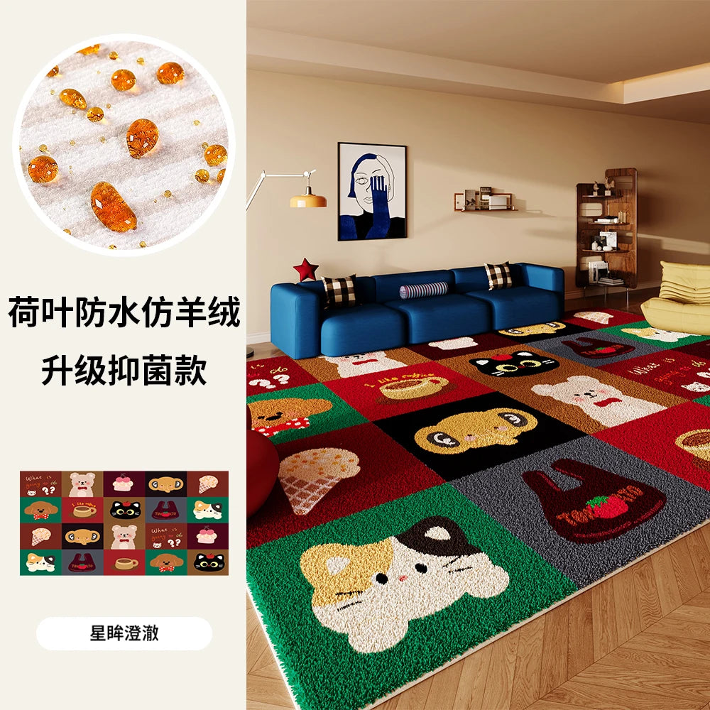 Colorful Retro Grid Living Room Rug - Plush Cartoon Style Carpet for Bedroom & Home