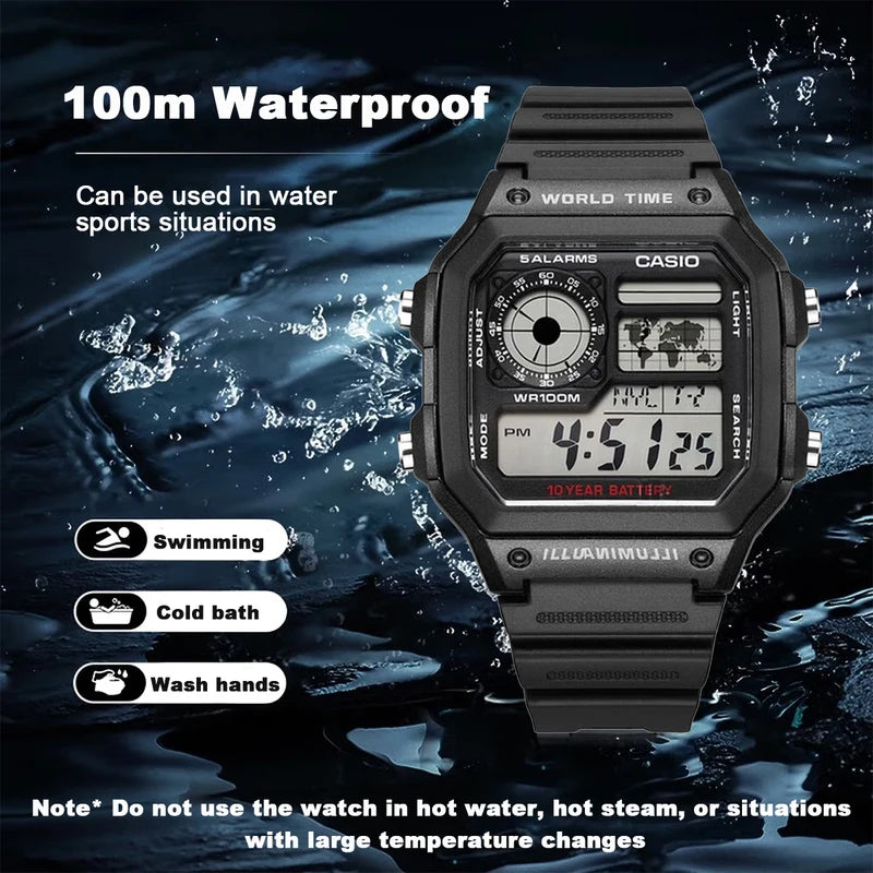 Men's Digital Watch with World Map, 100M Water Resistance, Multi Alarms