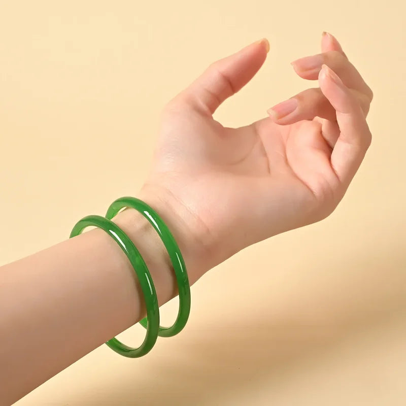 2-Piece Natural Jade Bangles Set - Solid Color Glass Jewelry for Women
