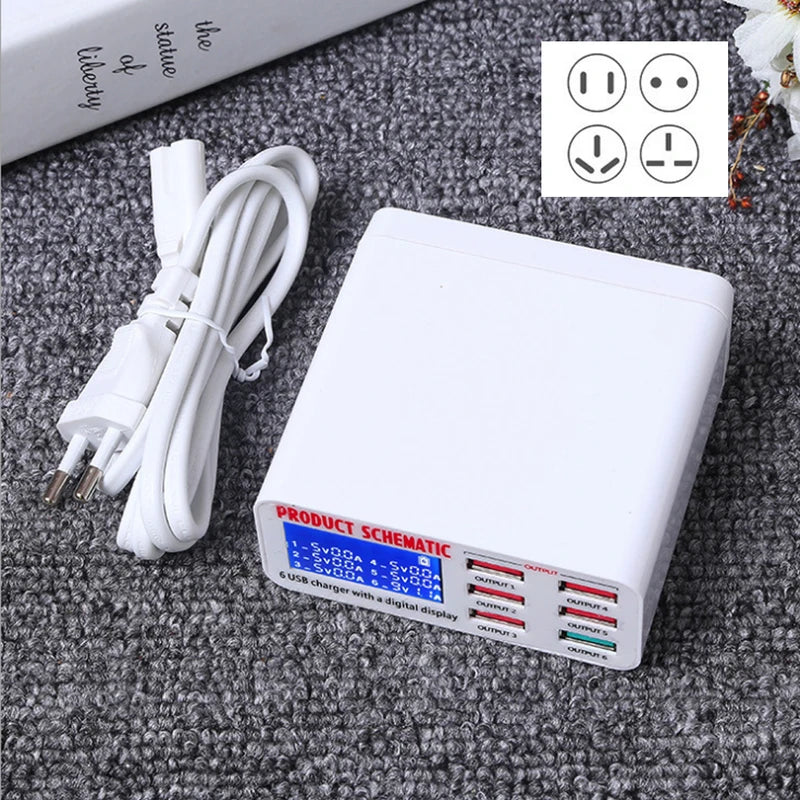 6-Port USB Fast Charger with LCD Display - Smart Phone & Tablet Desktop Power Adapter
