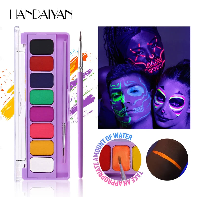 8-Color Fluorescent UV Face & Body Paint Palette for Halloween Party Cosplay