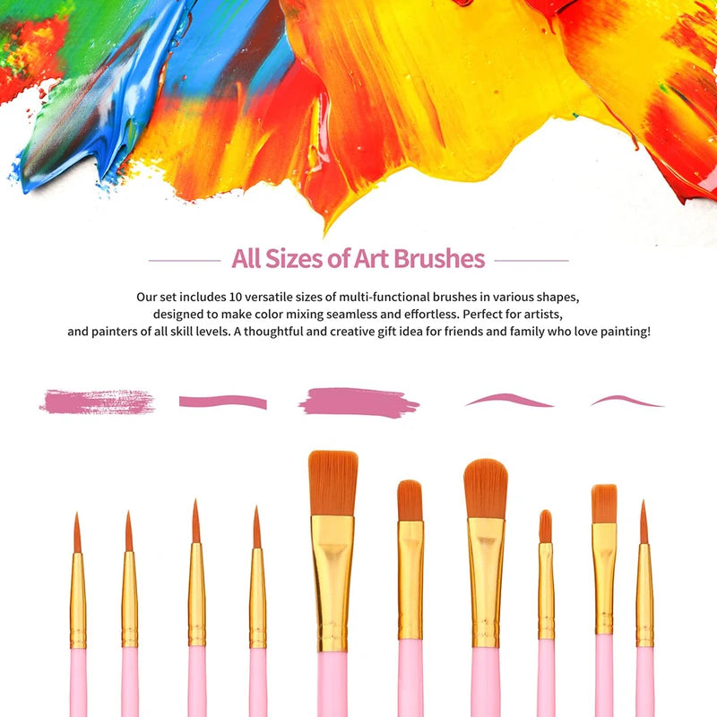 10-Piece Artist Paint Brush Set - Nylon Hair Watercolor & Body Painting Tools