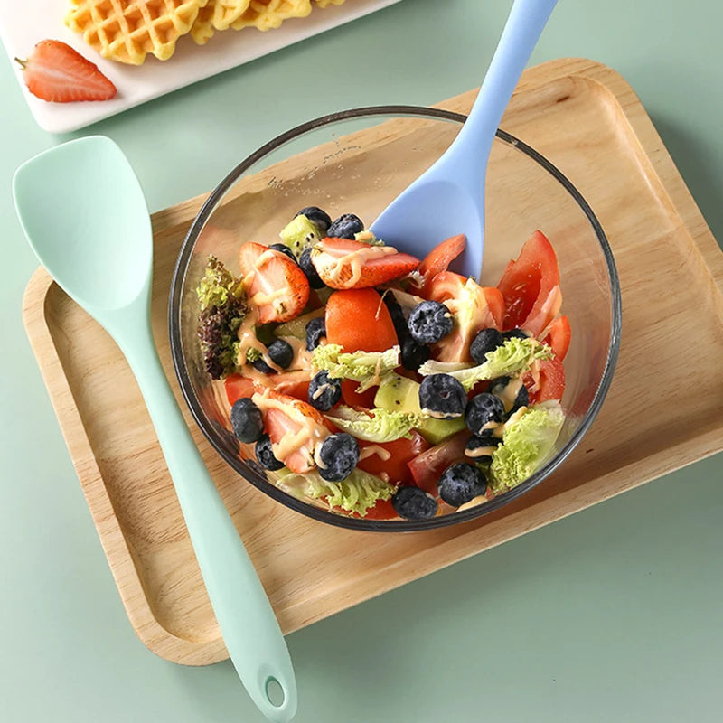 Silicone Flat Head Salad Spoon & Spatula Kitchen Utensil - All Colors