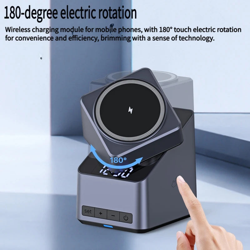 4-in-1 Magnetic Wireless Charger Station with Digital Clock, Fast Charging for iPhone, Apple Watch, AirPods, 180° Rotation