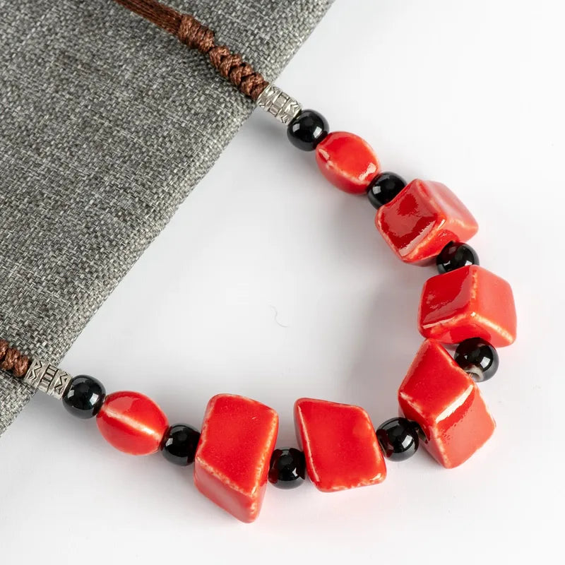 Colorful Irregular Shape Ceramic Beads Necklace Artware Antique Style for Women