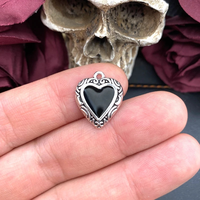 10pcs Enamel Heart Charm Pendants for Jewelry Making - Red & Black Vintage Style