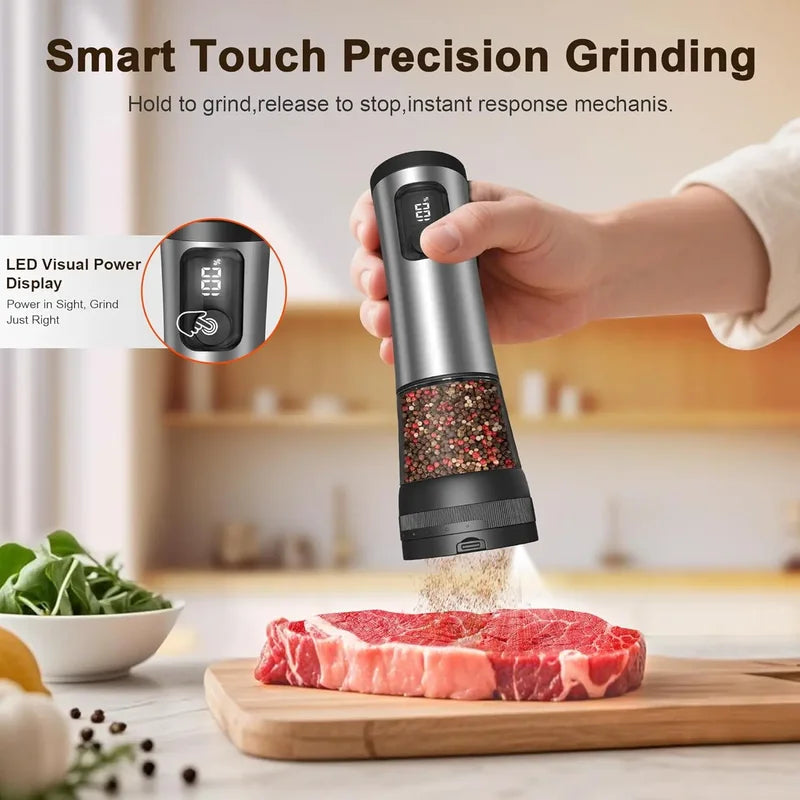 Electric Salt and Pepper Grinder Set with Adjustable Coarseness, LED Display, One-Handed Operation
