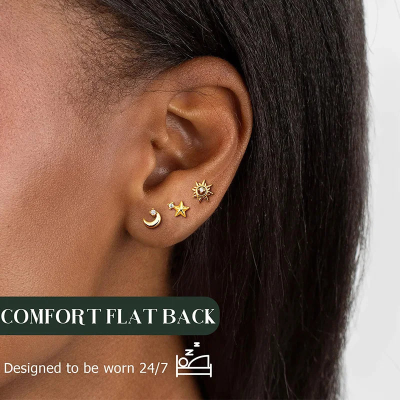 Hypoallergenic 14k Gold Plated Flat Back Stud Earrings Set for Men Women - Cartilage & Lip Piercing Jewelry