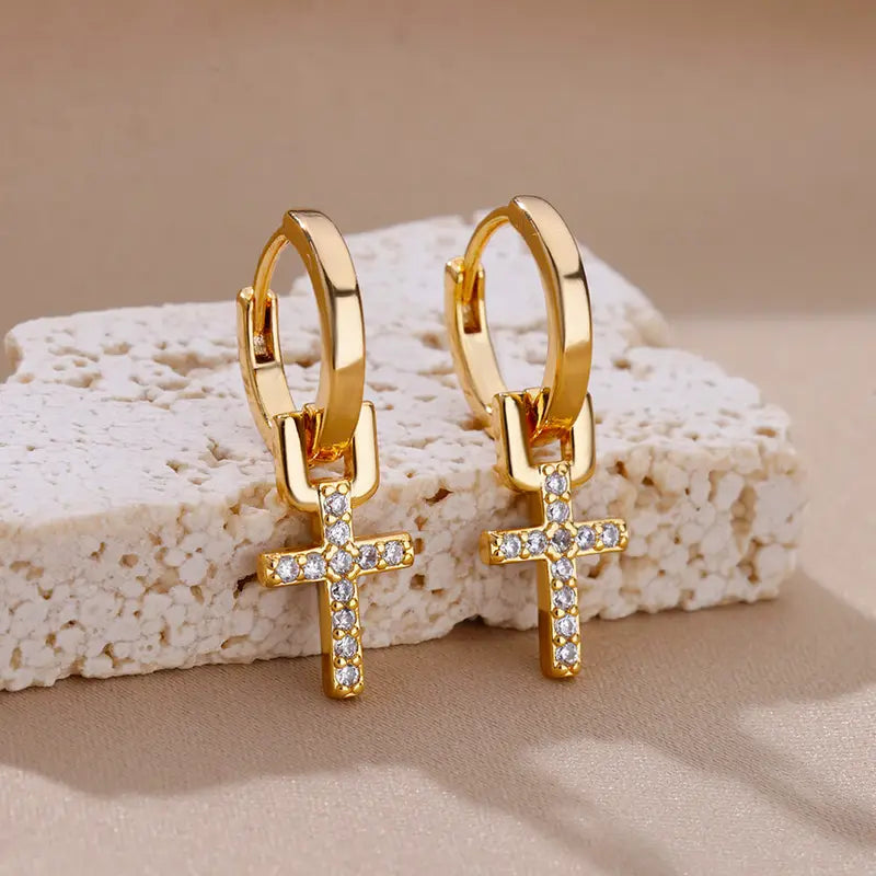 Gold Color Zircon Cross Drop Earrings for Women - Luxury Stainless Steel Jewelry
