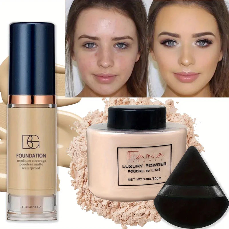 Matte Finish Oil-Control Foundation Powder Set with Puff - Long Lasting, Waterproof, Buildable Covering Dark Circles
