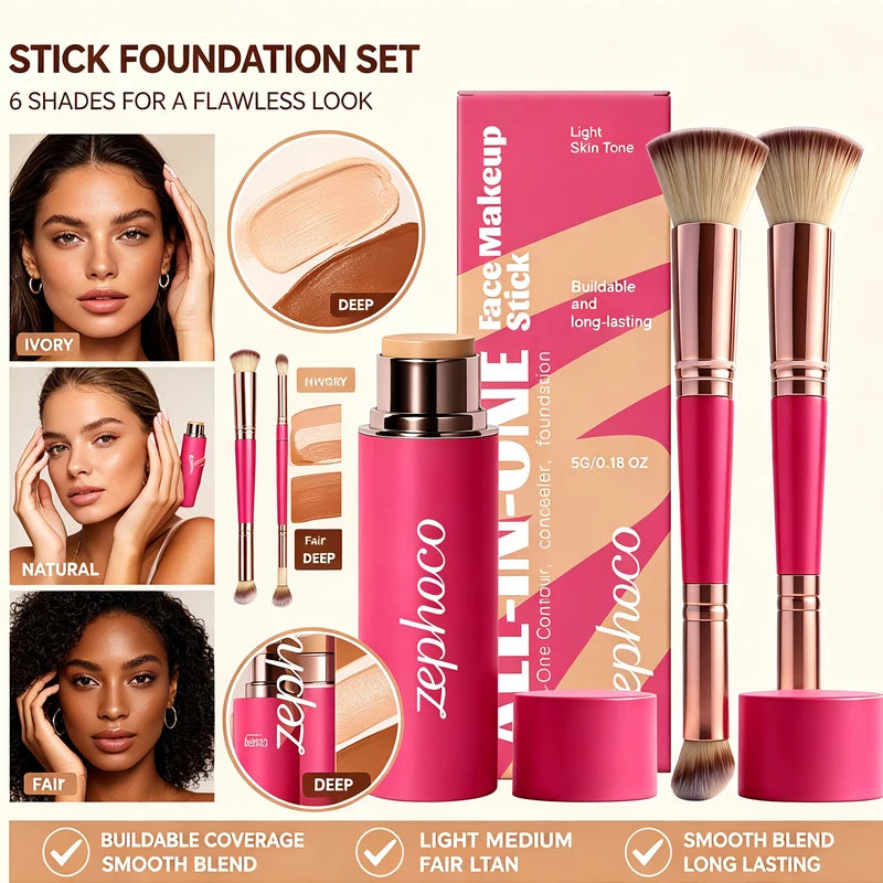 3-in-1 Waterproof Face Makeup Stick Set with Double-Ended Brush - Lightweight Contour & Concealer