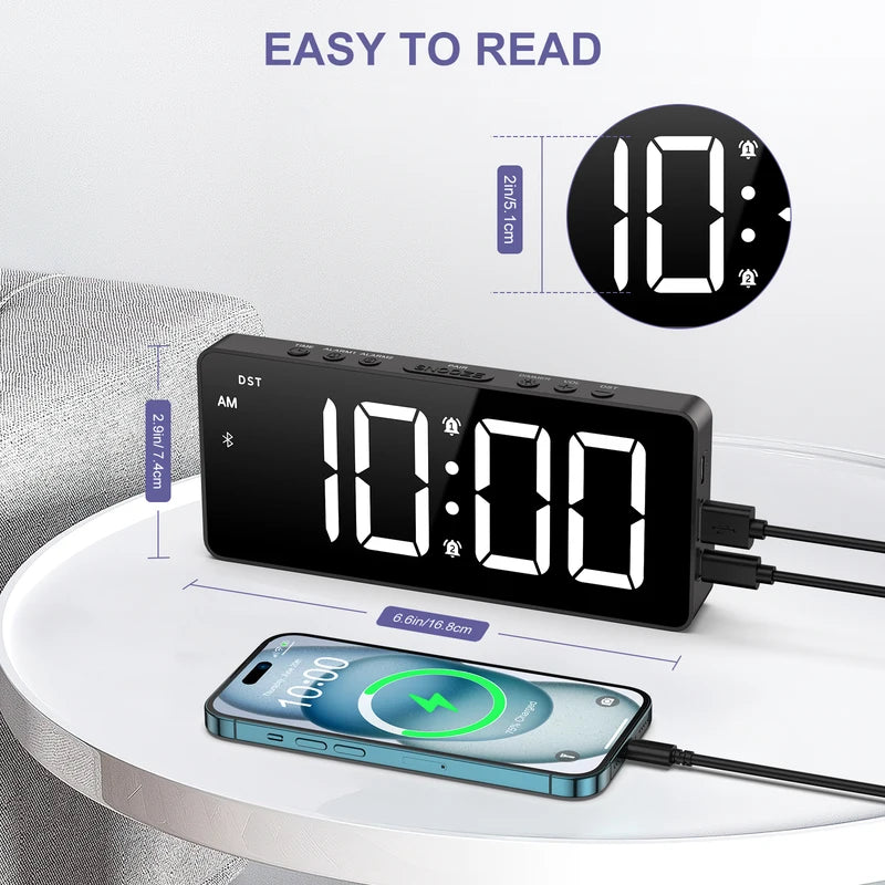 7-Inch LED Alarm Clock with Bluetooth, Dual Alarms & Brightness Control