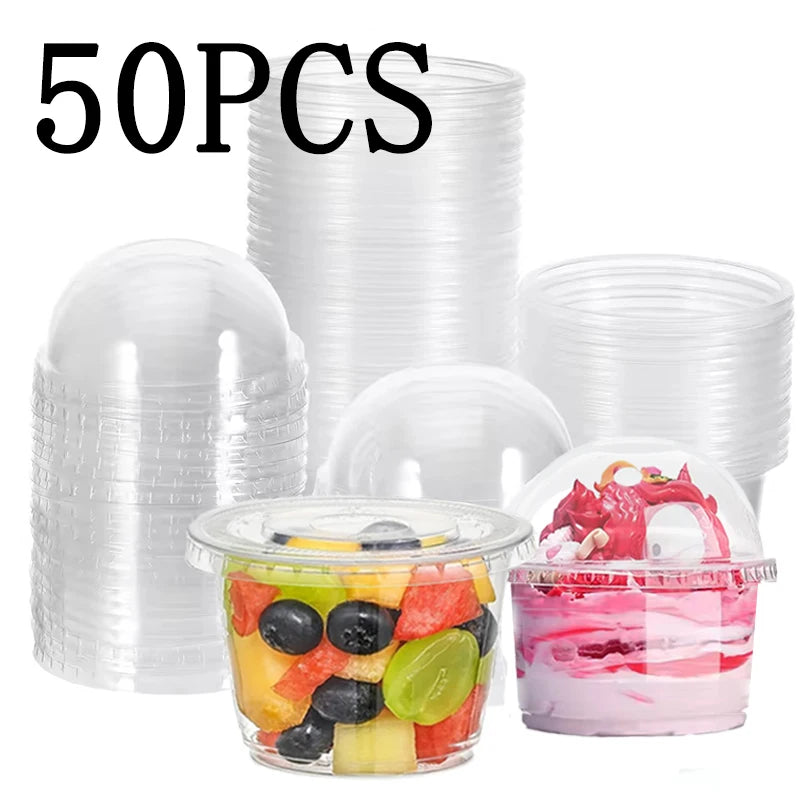 Disposable Clear Plastic Cups with Flat Dome Lids for Milk Tea, Fruit Juice, Coffee, Ice Cream, and Cakes – 50 Pack