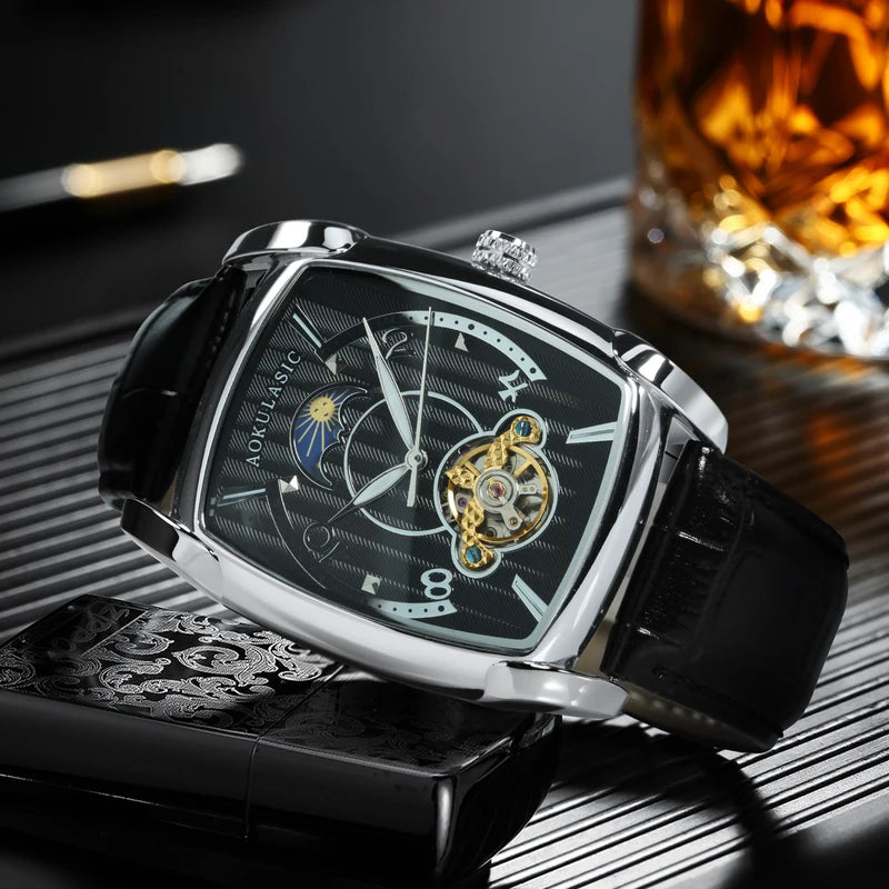 Men's Luxury Automatic Moon Phase Watch with Skeleton Dial Leather Strap