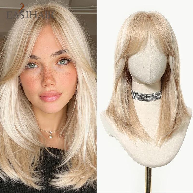 Blonde Synthetic Wig for Women Medium Length Straight with Bangs - Heat Resistant & Natural Look