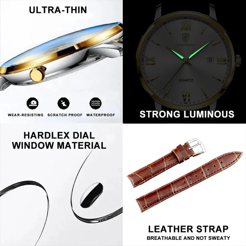 Luxury Business Wristwatch for Men Waterproof Leather Quartz Watch with Luminous Dial