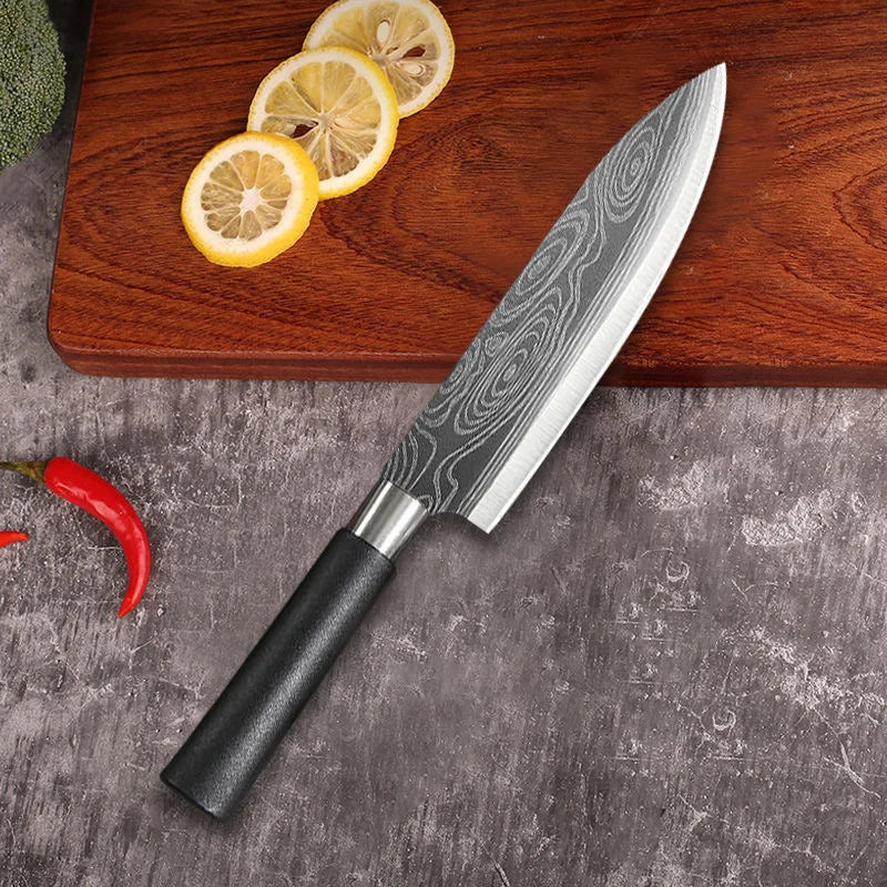 Laser Damascus Pattern Kitchen Utility Chef Knife & Scissors Set - Stainless Steel Sharpener