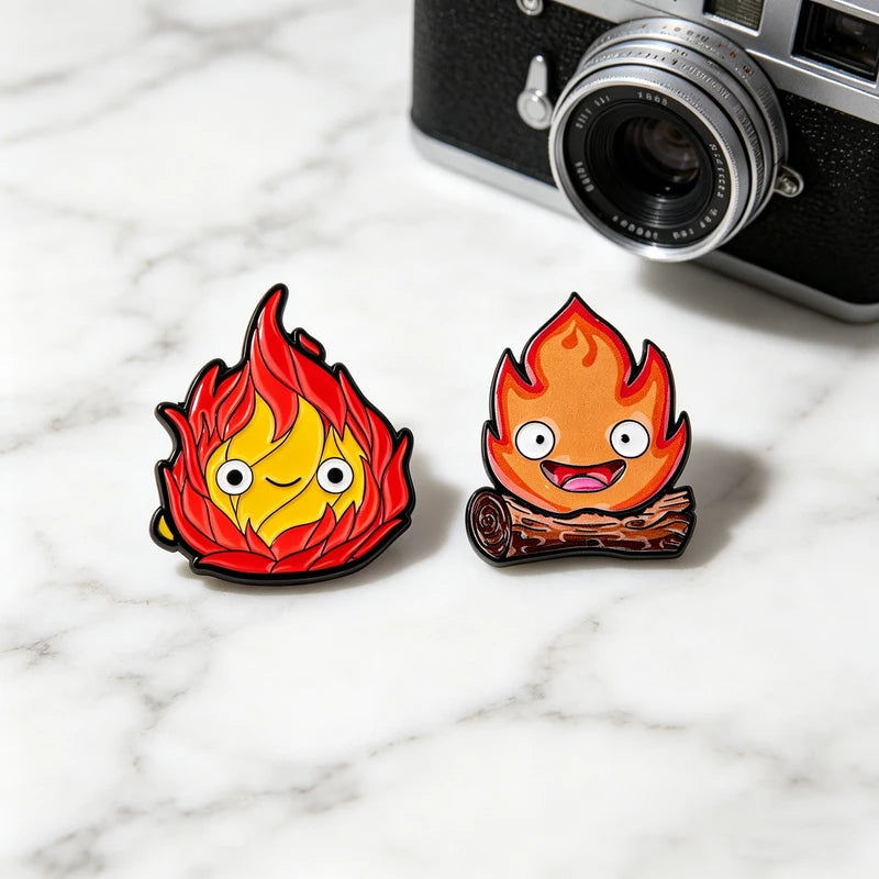2-Pack Cute Flame Enamel Pins Cartoon Anime Movie Brooches Fashion Jewelry