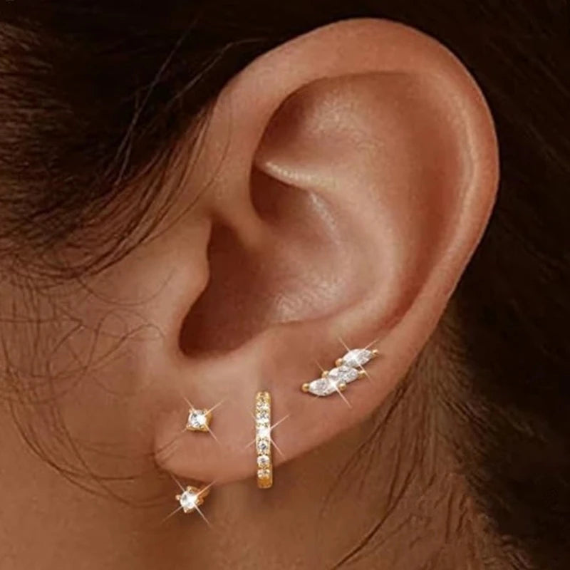 3-Piece Stainless Steel Hoop Earring Set for Women with Zircon Flower Studs