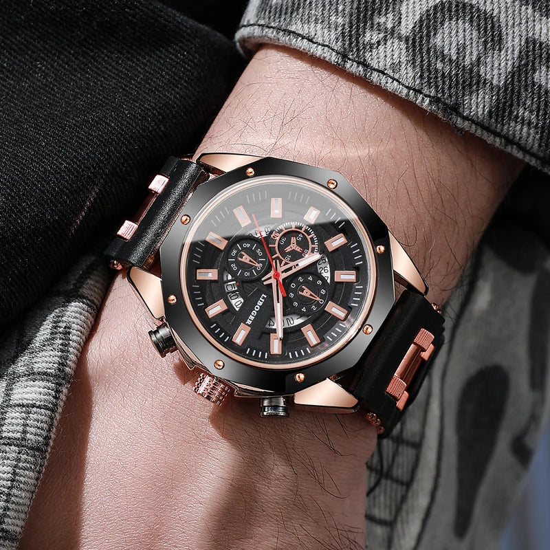 Men's Sports Quartz Watch with Silicone Band and Date Calendar